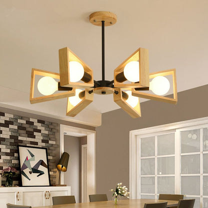 Sputnik Chandelier with Wood Accents - Mid-Century Modern Ceiling Light for Living Room & Dining Room - Geometric Metal Frame Design