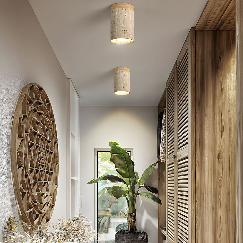 Lámpara de techo empotrada de piedra natural con detalle de madera, base E26, para dormitorio, entrada y sala de estar, accesorio de perfil bajo, iluminación ambiental superior