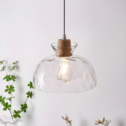 Wood & Glass Drop Light for Counter | Adjustable Height Cord Fixture with Clear Textured Shade | Nordic Style