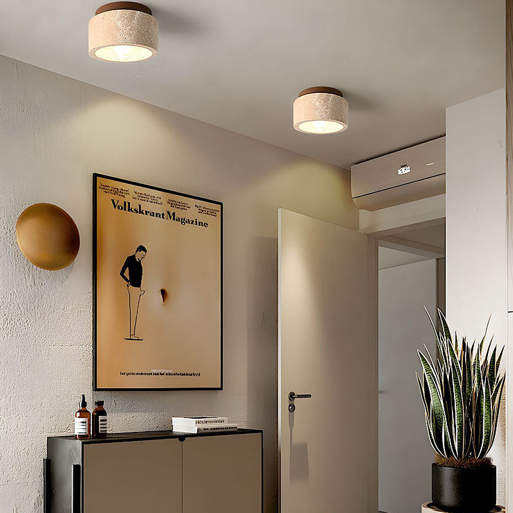 Lámpara de techo empotrada de piedra natural con detalle de madera, base E26, para dormitorio, entrada y sala de estar, accesorio de perfil bajo, iluminación ambiental superior