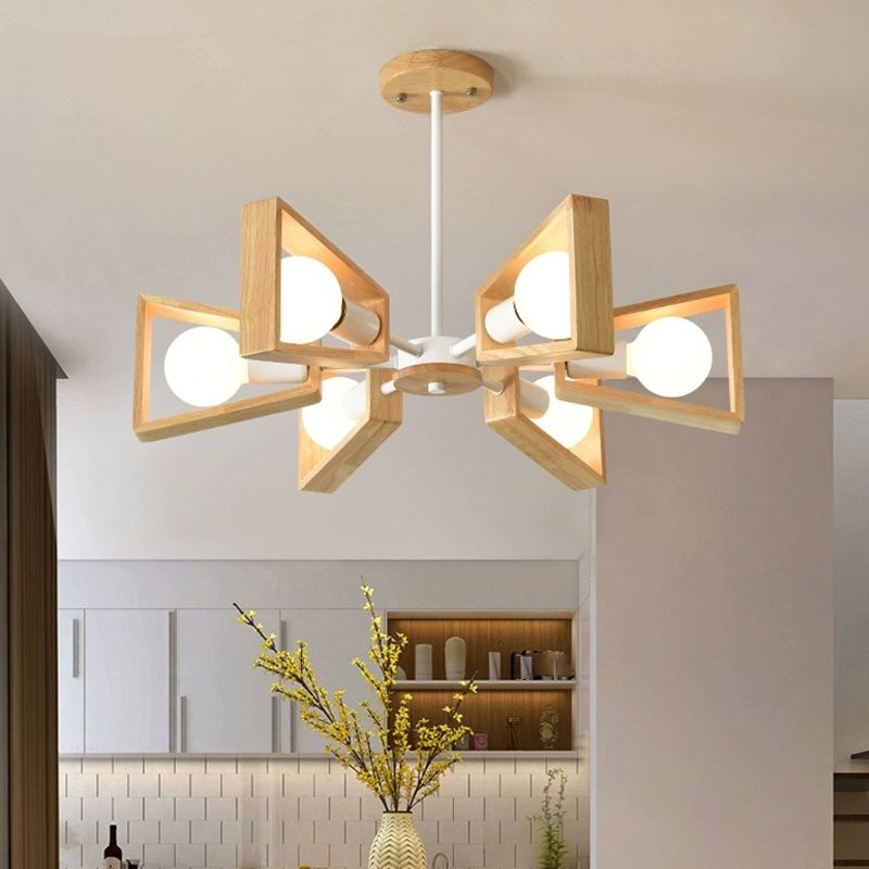 Sputnik Chandelier with Wood Accents - Mid-Century Modern Ceiling Light for Living Room & Dining Room - Geometric Metal Frame Design