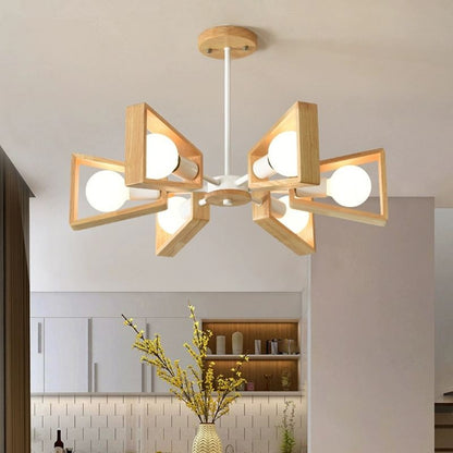 Sputnik Chandelier with Wood Accents - Mid-Century Modern Ceiling Light for Living Room & Dining Room - Geometric Metal Frame Design