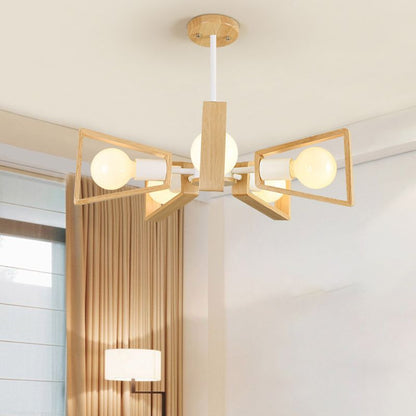 Sputnik Chandelier with Wood Accents - Mid-Century Modern Ceiling Light for Living Room & Dining Room - Geometric Metal Frame Design