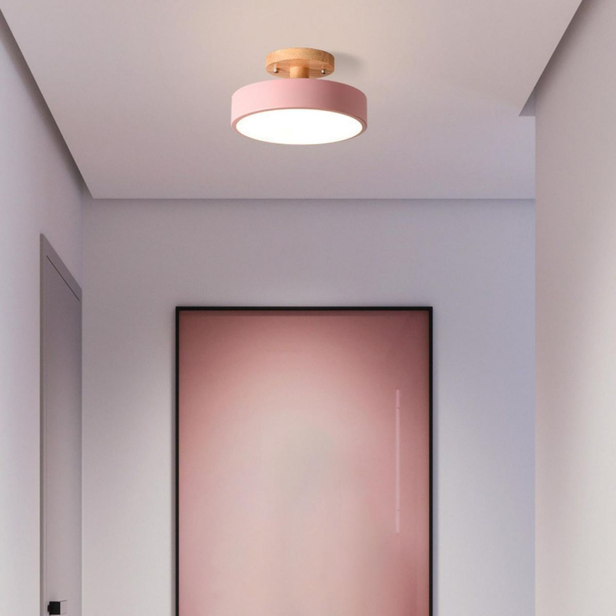 Wood & Metal Flush Mount Ceiling Light | Soft Color LED Fixture for Bedroom, Hallway & Living Room | 12W Scandinavian Style | Modern