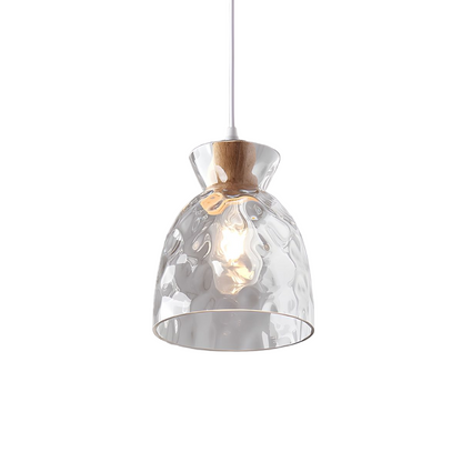 Wood & Glass Drop Light for Counter | Adjustable Height Cord Fixture with Clear Textured Shade | Nordic Style