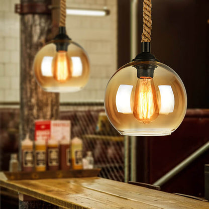 Spherical Glass Shade Ceiling Fixture with Rope Suspension – Rustic Farmhouse Lighting for Kitchens, Dining Rooms & Entryways
