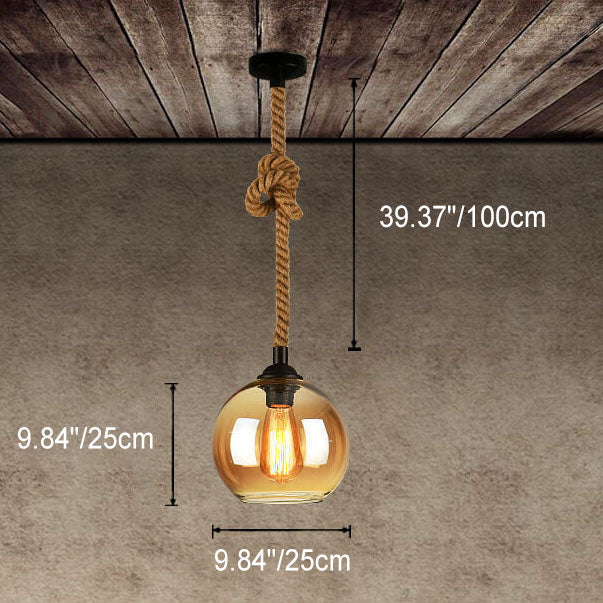 Spherical Glass Shade Ceiling Fixture with Rope Suspension – Rustic Farmhouse Lighting for Kitchens, Dining Rooms & Entryways