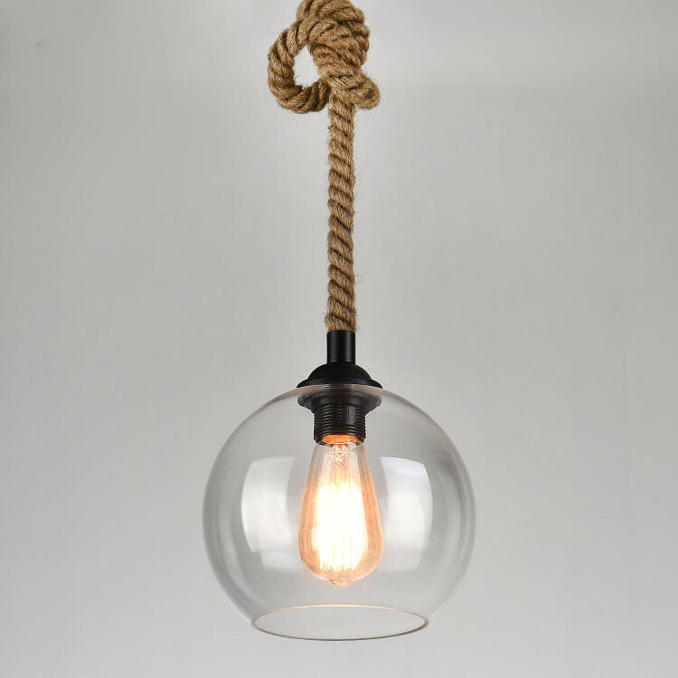 Hanging Ceiling Light Fixture Glass Shade Rope Accent E26 Socket Adjustable Height for Entryway Bedroom Living Space Contemporary Farmhouse