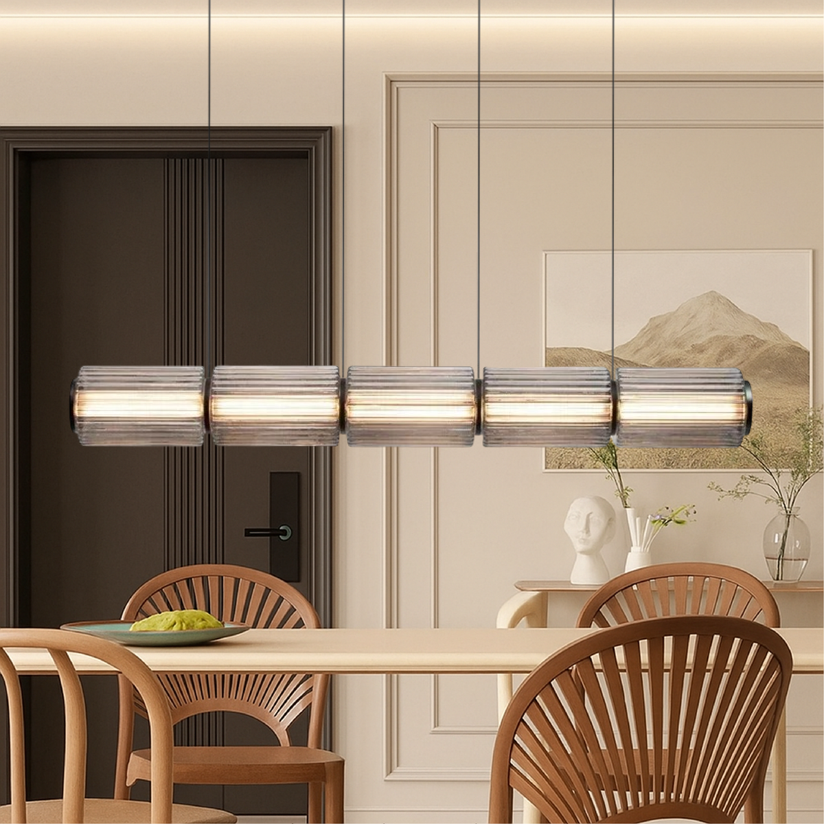 Lámpara colgante lineal de vidrio cilíndrico LED de 37 pulgadas en color negro para islas de cocina, mesas de comedor, barras, iluminación superior contemporánea