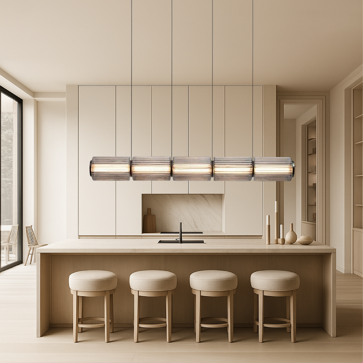 Lámpara colgante lineal de vidrio cilíndrico LED de 37 pulgadas en color negro para islas de cocina, mesas de comedor, barras, iluminación superior contemporánea