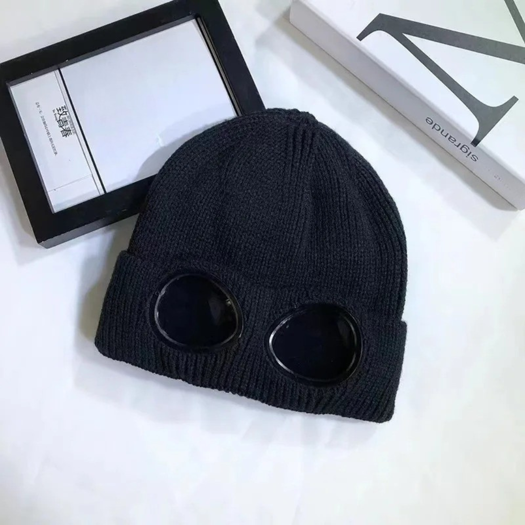 Knit Beanie with Flip-Down Goggles – Windproof Winter Hat for Outdoor Activities