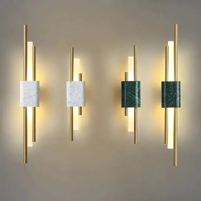 Modern Linear Wall Sconce with Marble Accents – Metal Construction, Warm LED Lighting for Bedroom & Living Room