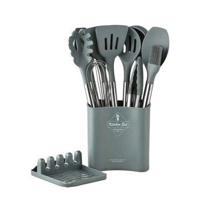 Cooking Tool Set 13-Piece Heat-Safe Nonstick Kitchen Utensils Gray Black Khaki with Caddy for Home Chefs Baking Stovetop Use