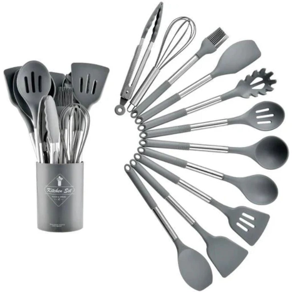 Cooking Tool Set 13-Piece Heat-Safe Nonstick Kitchen Utensils Gray Black Khaki with Caddy for Home Chefs Baking Stovetop Use