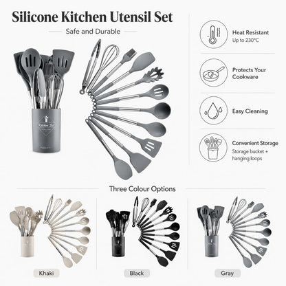 Cooking Tool Set 13-Piece Heat-Safe Nonstick Kitchen Utensils Gray Black Khaki with Caddy for Home Chefs Baking Stovetop Use