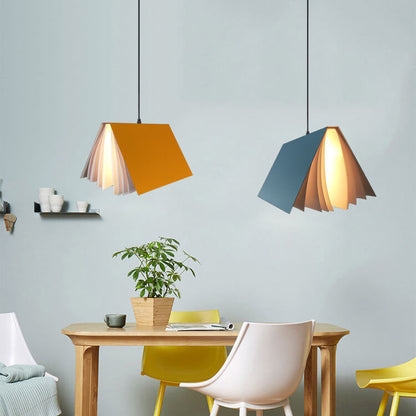 Hardwired Ceiling Pendant Fixture with Open-Book Shade in PVC & Metal for Living Room, Bedroom, Home Office, Reading Nook