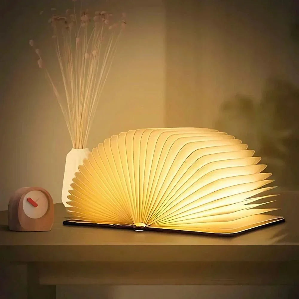 Rechargeable Book Lamp with 360° Foldable Design – USB Wood Finish LED Reading Light for Desk, Nightstand & Travel – 3 Brightness