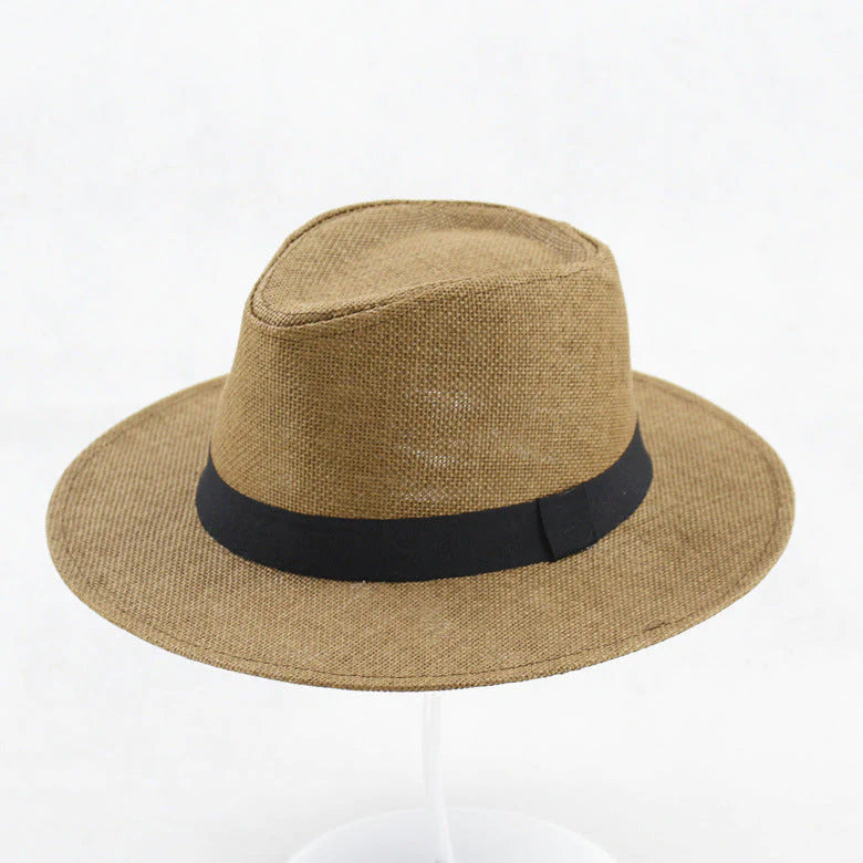 Sombrero Fedora de paja con protección UPF 50+, ala con alambre y banda de cuero para hombre y mujer