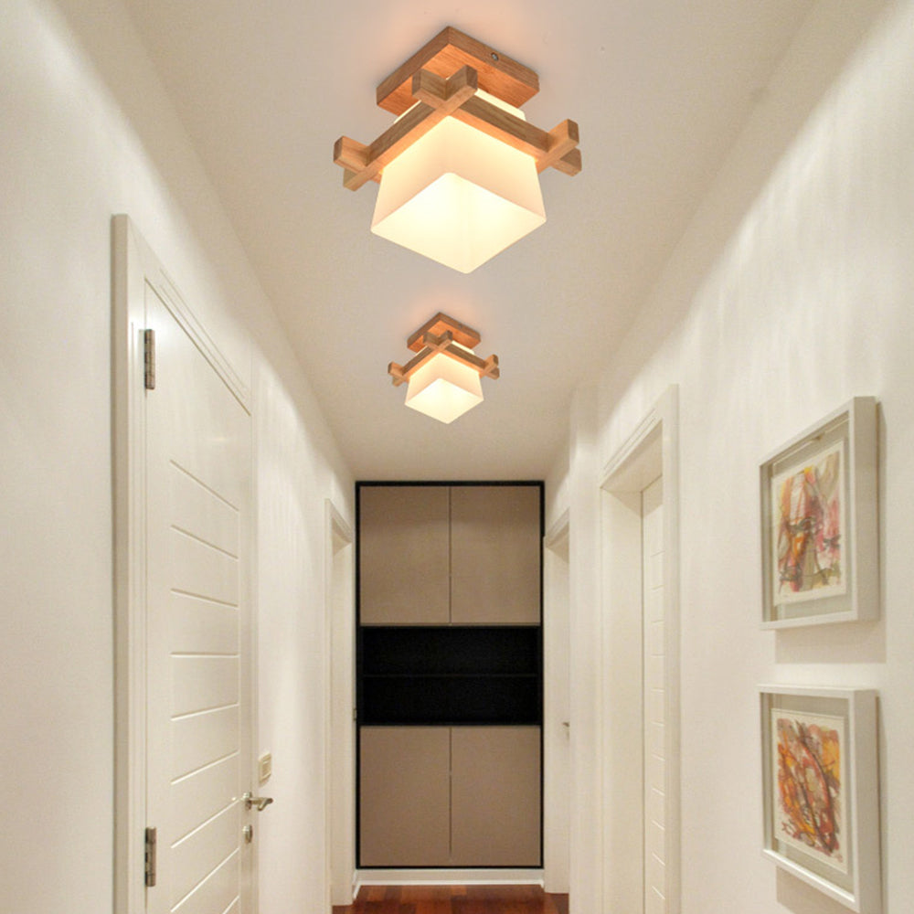 Square Flush Mount Overhead Light Fixture E27 Socket 7.9 Inch White Wood Accent for Bedroom Hallway Living Room Minimalist Scandinavian Mode
