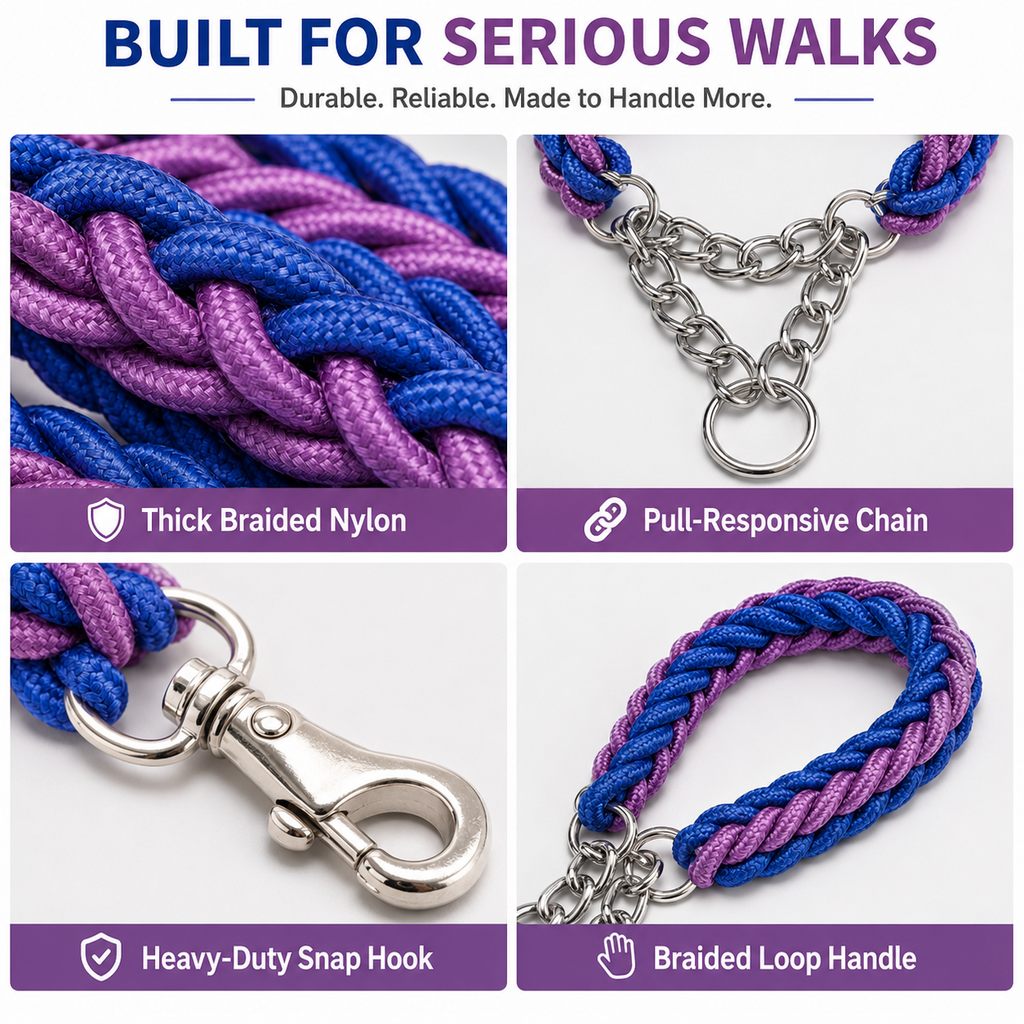 Ortekor Heavy-Duty Braided Dog Leash with Chain-Control Collar for Strong Pullers - Daily Walking & Training