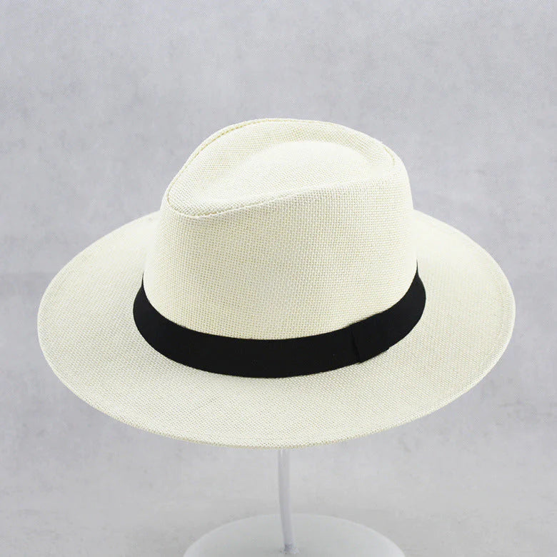 Sombrero Fedora de paja con protección UPF 50+, ala con alambre y banda de cuero para hombre y mujer