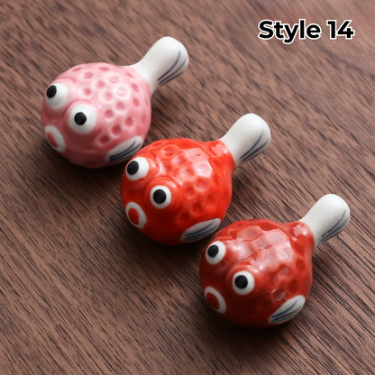 Porcelain Utensil Holders with Animal and Fruit Designs for Asian Dining – Set of 3 Decorative Tabletop Rests