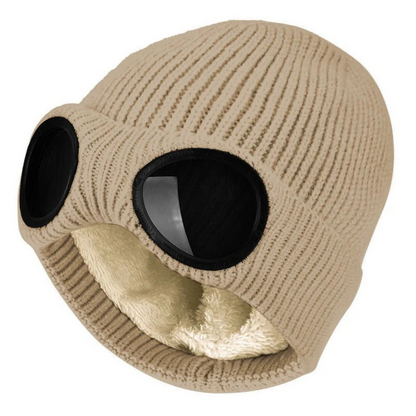 Knit Beanie with Flip-Down Goggles – Windproof Winter Hat for Outdoor Activities