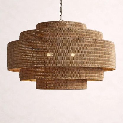 Woven Rattan Ceiling Chandelier with Layered Dome Shade – 28 or 40 Inch Natural Boho Pendant Light for Dining Room, Bedroom, Living Room