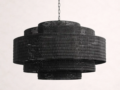 Woven Rattan Ceiling Chandelier with Layered Dome Shade – 28 or 40 Inch Natural Boho Pendant Light for Dining Room, Bedroom, Living Room