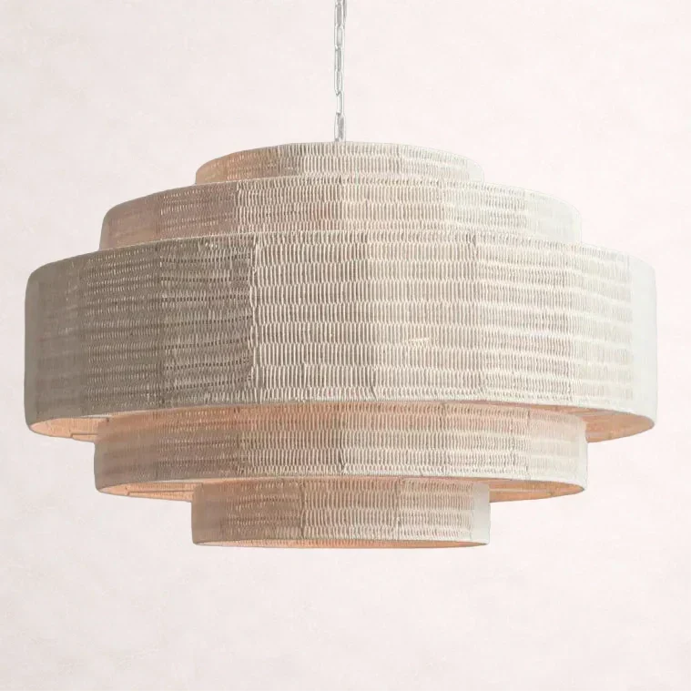 Woven Rattan Ceiling Chandelier with Layered Dome Shade – 28 or 40 Inch Natural Boho Pendant Light for Dining Room, Bedroom, Living Room