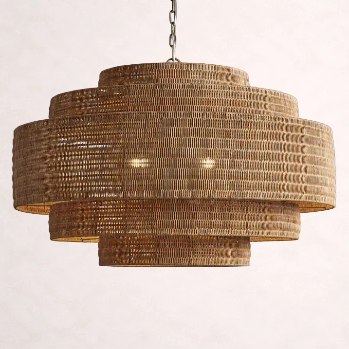 Woven Rattan Ceiling Chandelier with Layered Dome Shade – 28 or 40 Inch Natural Boho Pendant Light for Dining Room, Bedroom, Living Room