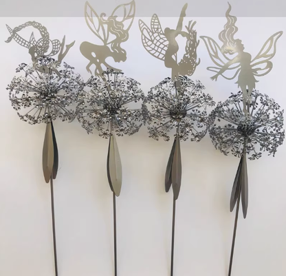 Spinning Fairy Garden Stake Wind Spinner Metal Dandelion Yard Art Outdoor Decor for Flower Beds Patio Lawn Pathways Whimsical Sculpture with
