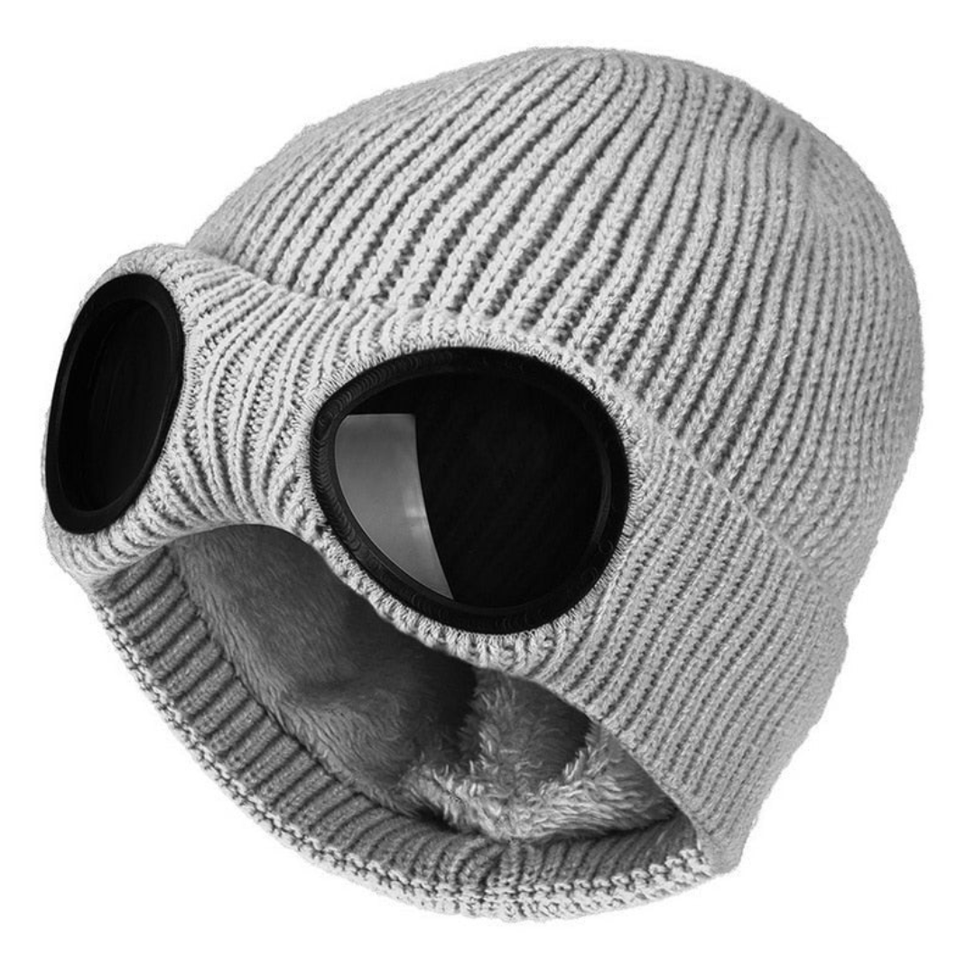 Knit Beanie with Flip-Down Goggles – Windproof Winter Hat for Outdoor Activities