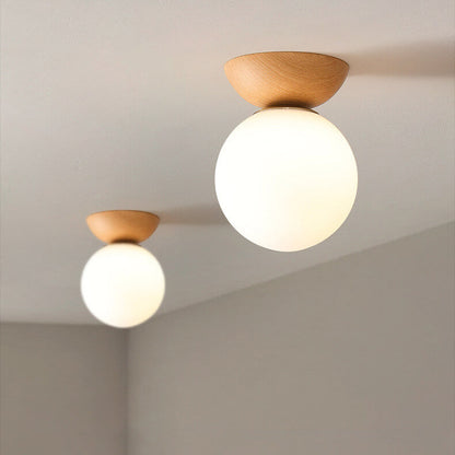 Globe Glass Ceiling Light with Wood Grain Finish – Modern Flush Mount & Pendant Option for Living Room, Bedroom, Hallway – E14 Socket