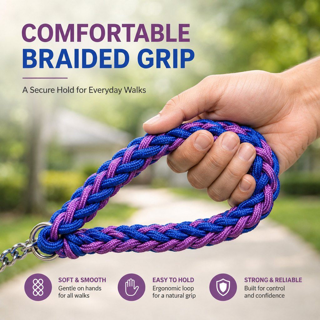 Ortekor Heavy-Duty Braided Dog Leash with Chain-Control Collar for Strong Pullers - Daily Walking & Training
