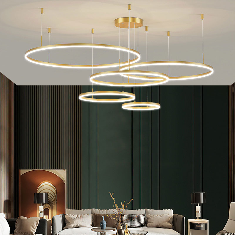 Multi-Ring LED Chandelier Adjustable Height Metal Acrylic Fixture 16-31 Inch Diameter Dimmable Suspended Ceiling Light for Dining Room Kitch