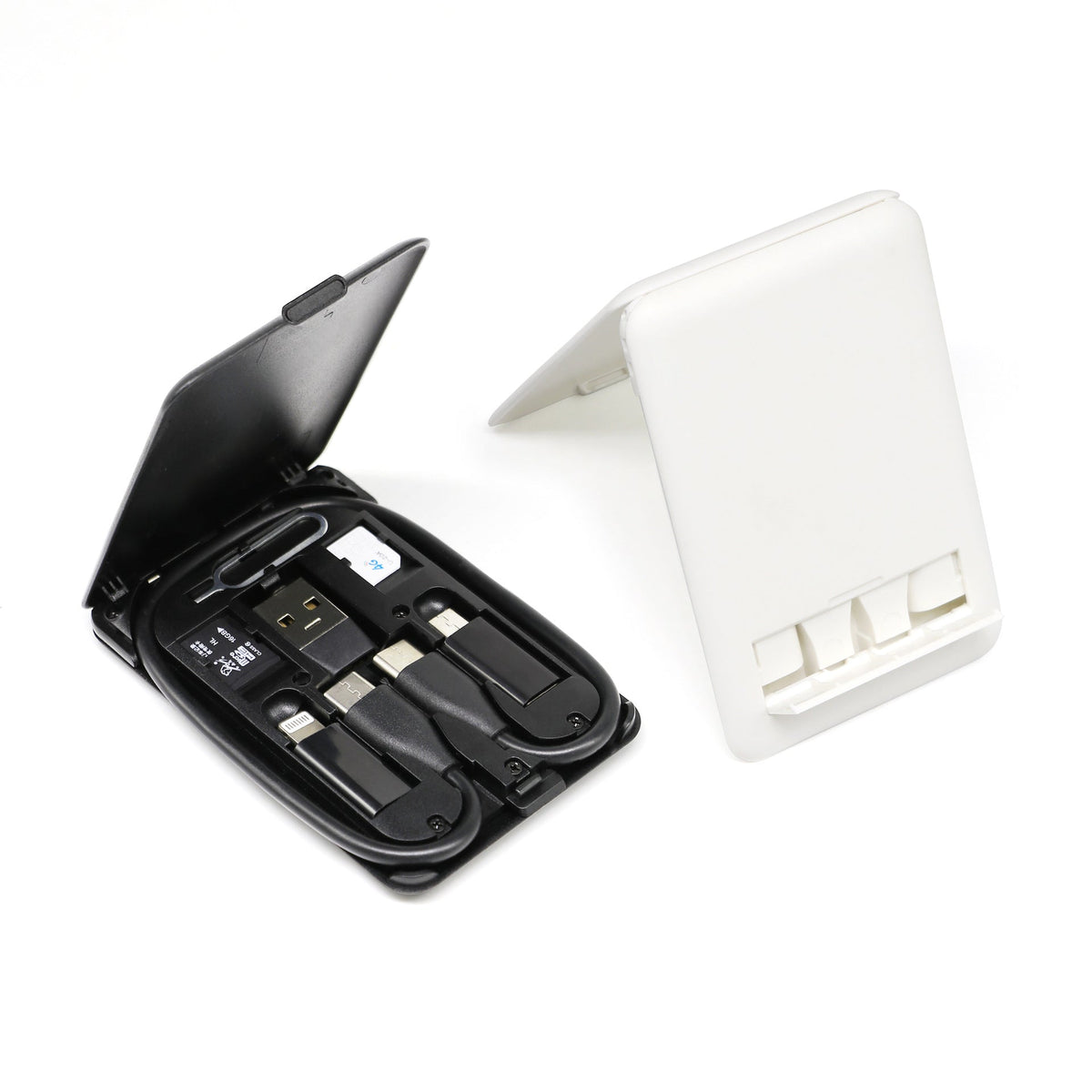 Multi-Device Charging Cable Kit with Type-C, Lightning, Micro-USB & USB-A Adapters – Slim Wallet Case, Built-In Phone Stand for Travel, Work