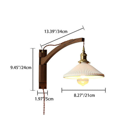 Articulating Wood Arm Wall Sconce with Ribbed Glass Shade – Adjustable Bedside Reading Light for Modern & Japandi Bedroom, Hallway, Living R