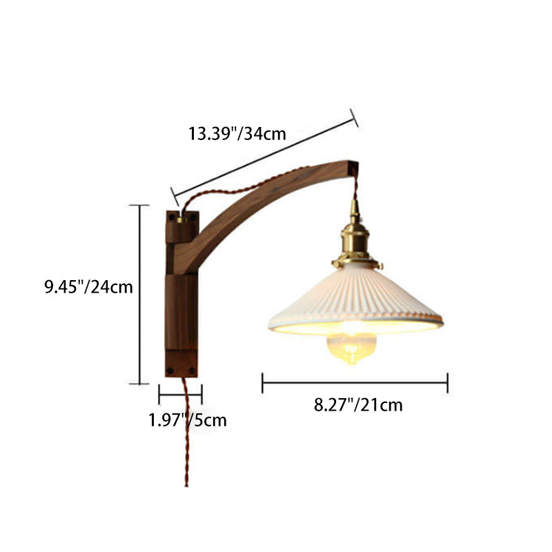 Swing-Arm Sconce with Ribbed Glass Shade 8.3 Inch Light Wood Walnut Brass Accent Fixture for Bedroom Hallway Entryway Reading Adjustable Mou