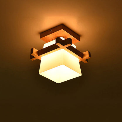 Square Flush Mount Overhead Light Fixture E27 Socket 7.9 Inch White Wood Accent for Bedroom Hallway Living Room Minimalist Scandinavian Mode