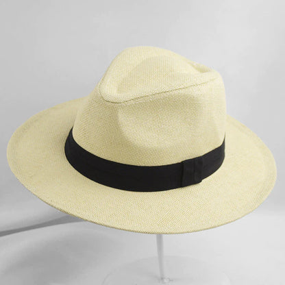 Sombrero Fedora de paja con protección UPF 50+, ala con alambre y banda de cuero para hombre y mujer