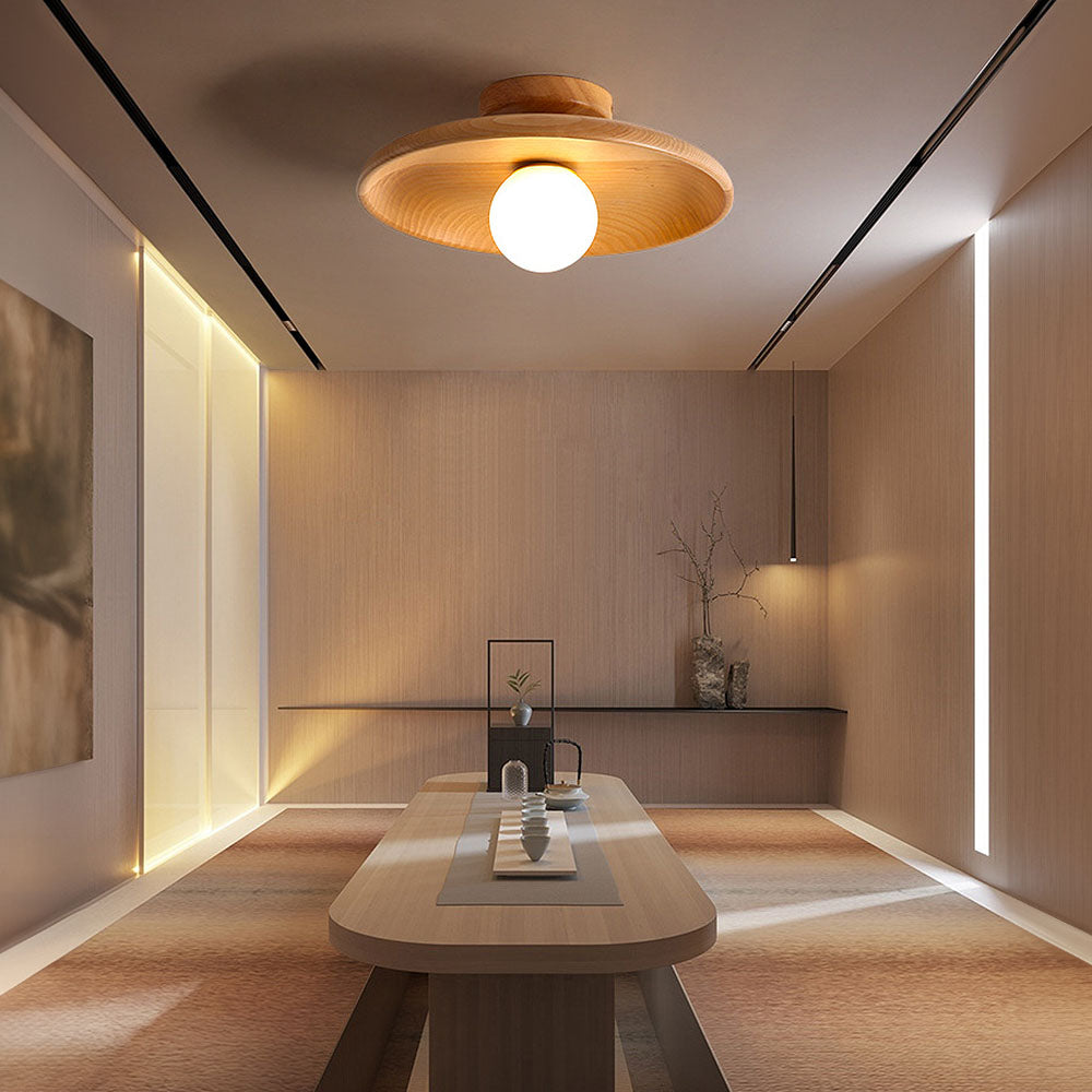 Lámpara de techo empotrada de madera con forma de esfera, perfil bajo de 6 pulgadas de altura, luz cálida para dormitorios, entradas y espacios compactos, estilo minimalista moderno Natura