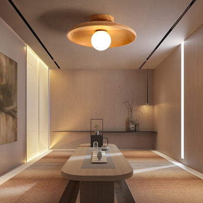 Wooden Globe LED Flush Mount Light 6 in Height Warm Glow for Bedroom Hallway Low Ceiling Compact Modern Nordic Style Natural Timber Finish A