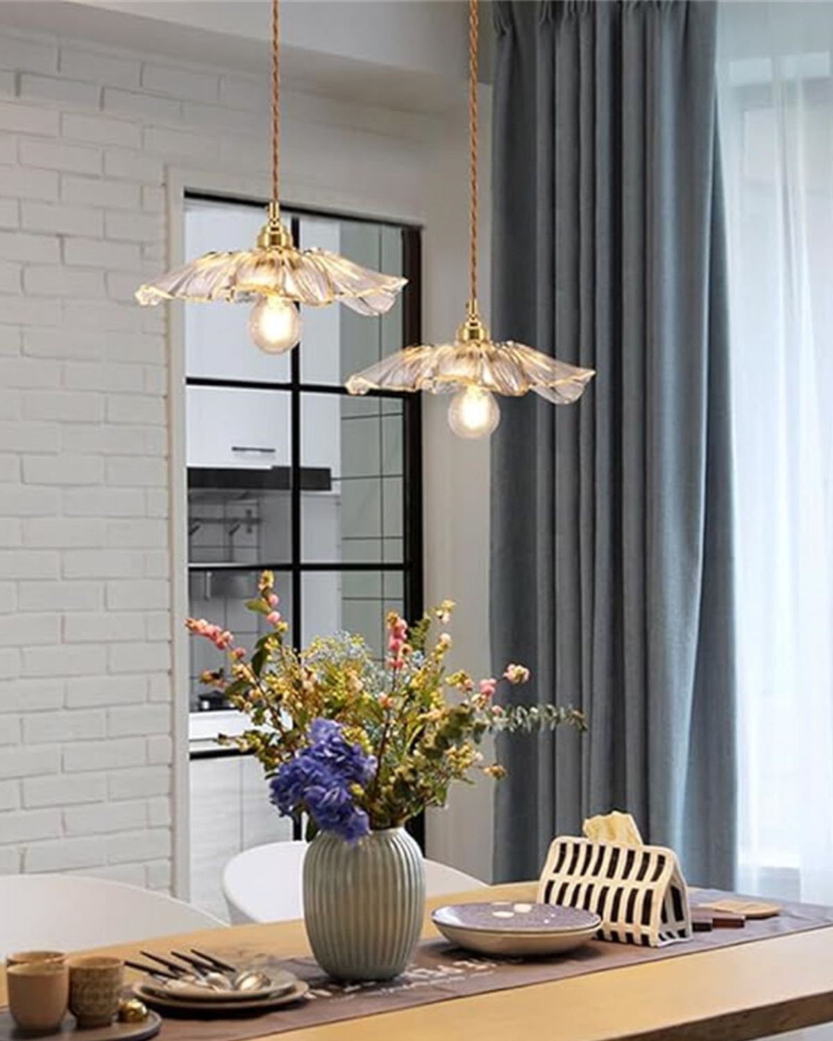 Glass Pendant Light with Brass Socket and Organic Petal Shape for Dining Room and Living Space