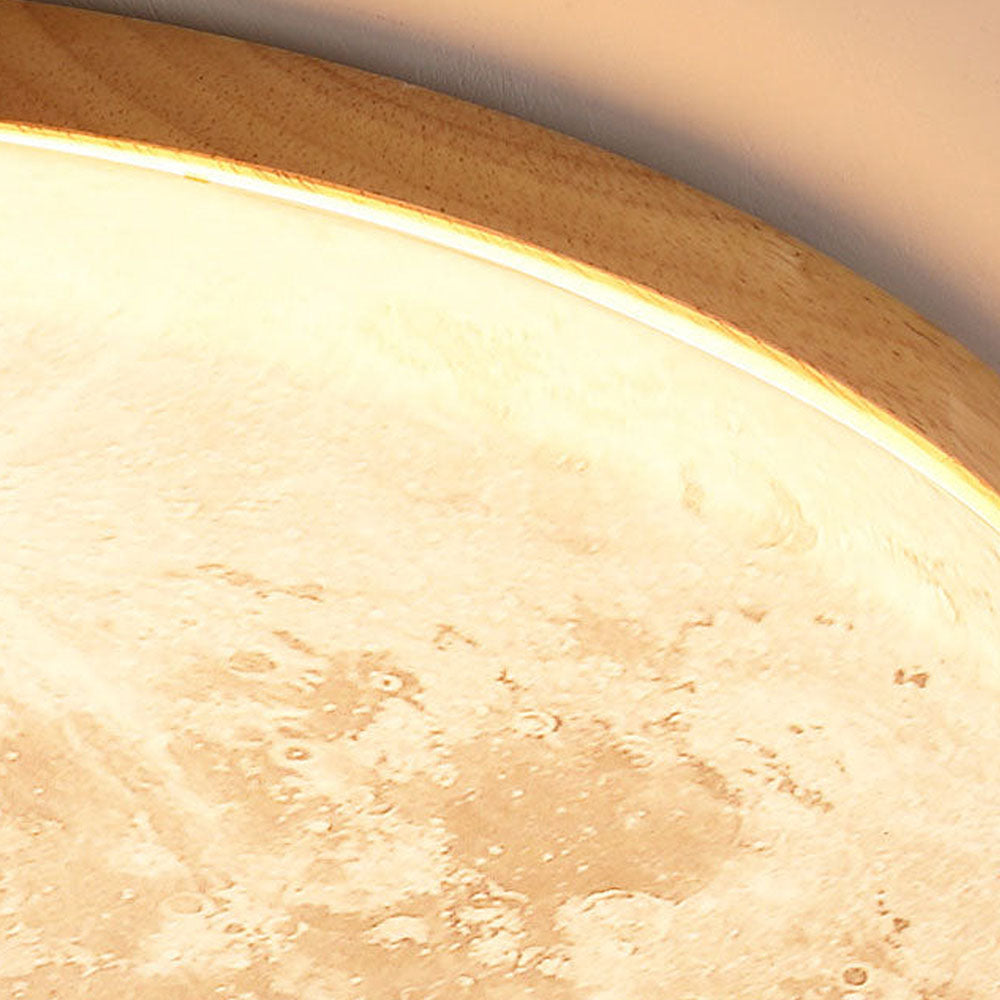 Round Flush Mount LED Fixture Moon Surface Wood & Acrylic 19 in Diameter Low Profile for Bedroom Living Room Hallway Ambient Lighting Japand