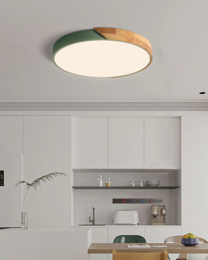 Round Flush Mount Ceiling Light with Wood Accent and Integrated LED – Modern Low Profile Fixture in 9, 12, 16, 20, and 24 inch Sizes for Liv