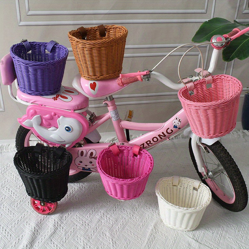 Kids Bike Front or Rear Carrier Basket in Pink Plastic Woven Design for Handlebars or Rack Storage Holder for School Trips Toys Snacks
