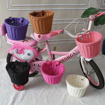 Kids Bike Front or Rear Carrier Basket in Pink Plastic Woven Design for Handlebars or Rack Storage Holder for School Trips Toys Snacks