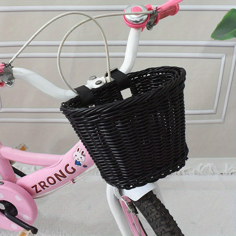 Kids Bike Front or Rear Carrier Basket in Pink Plastic Woven Design for Handlebars or Rack Storage Holder for School Trips Toys Snacks