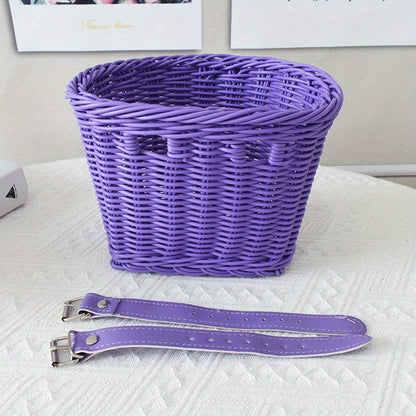 Kids Bike Front or Rear Carrier Basket in Pink Plastic Woven Design for Handlebars or Rack Storage Holder for School Trips Toys Snacks